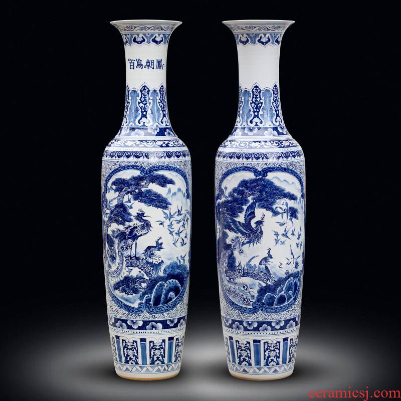 Jingdezhen blue and white porcelain painting birds pay homage to the king of large vase home sitting room place hotel opening gifts