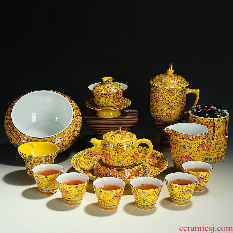 Manual pick flowers kung fu tea set lid bowl of household contracted colored enamel porcelain tea sets restoring ancient ways