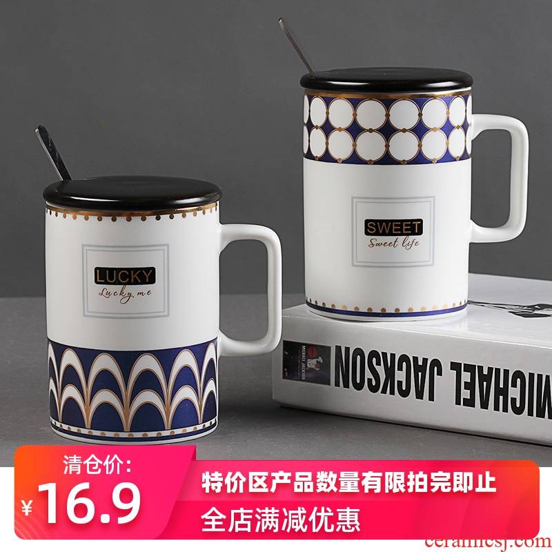 Ins northern wind ceramic mark cup with cover spoon move office household drinking cups of coffee milk cup