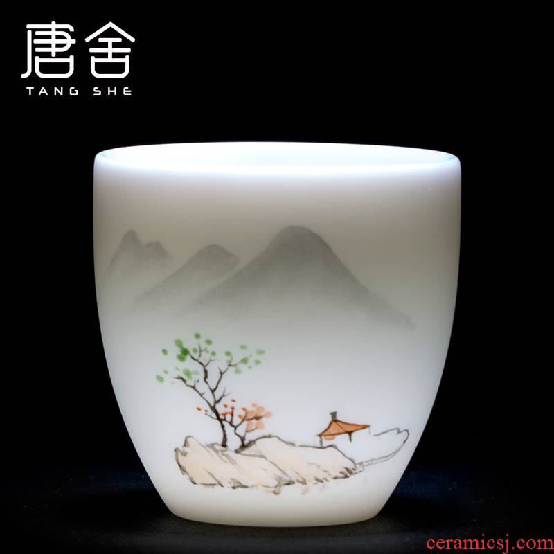 Tang s hand - made landscape suet jade white porcelain masters cup cup kung fu tea cup pure checking ceramic tea cup