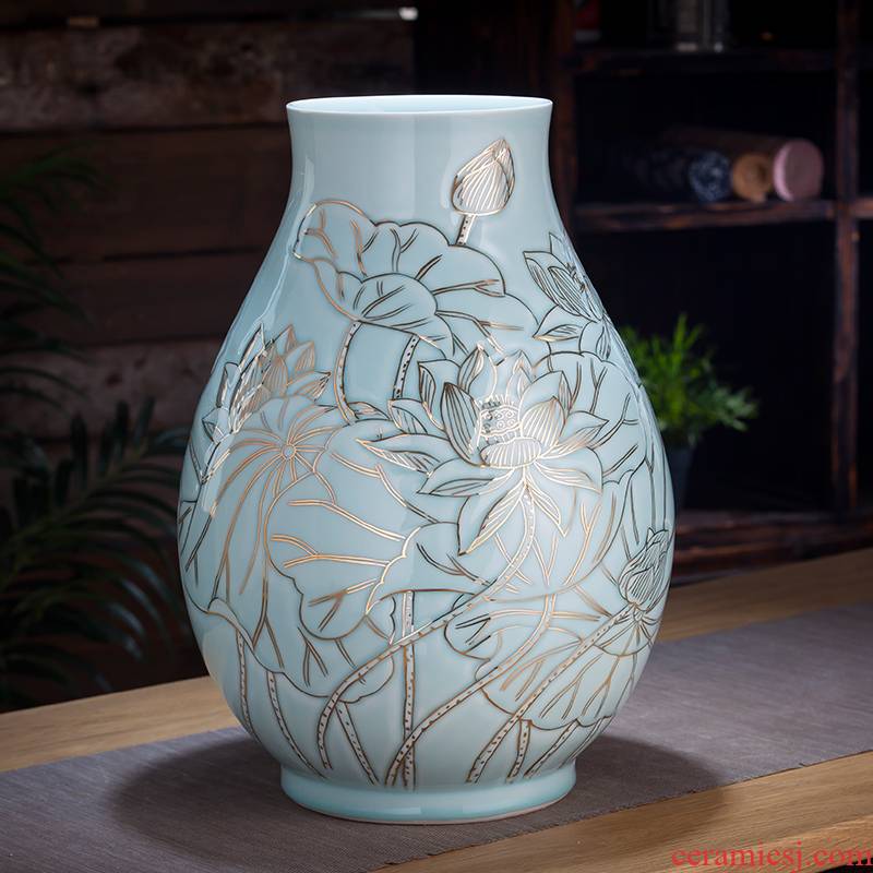 Jingdezhen ceramics vase furnishing articles shadow blue see colour tube of new Chinese style living room flower arrangement home decoration arts and crafts
