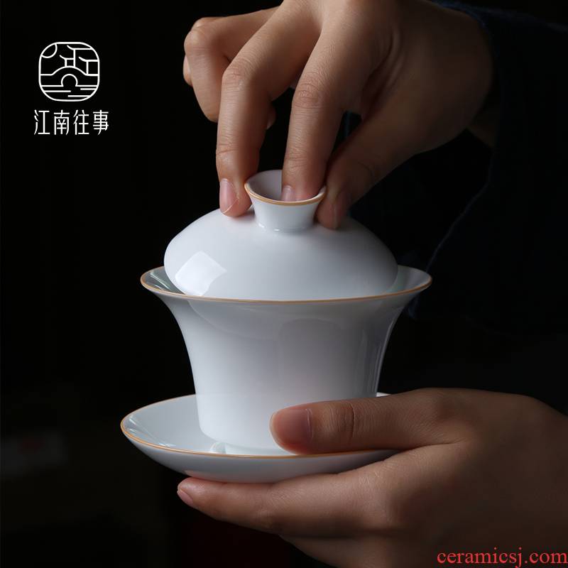 Jiangnan ceramic tureen kung fu tea sweet white tea cups past three bowl large household ancient tea cups