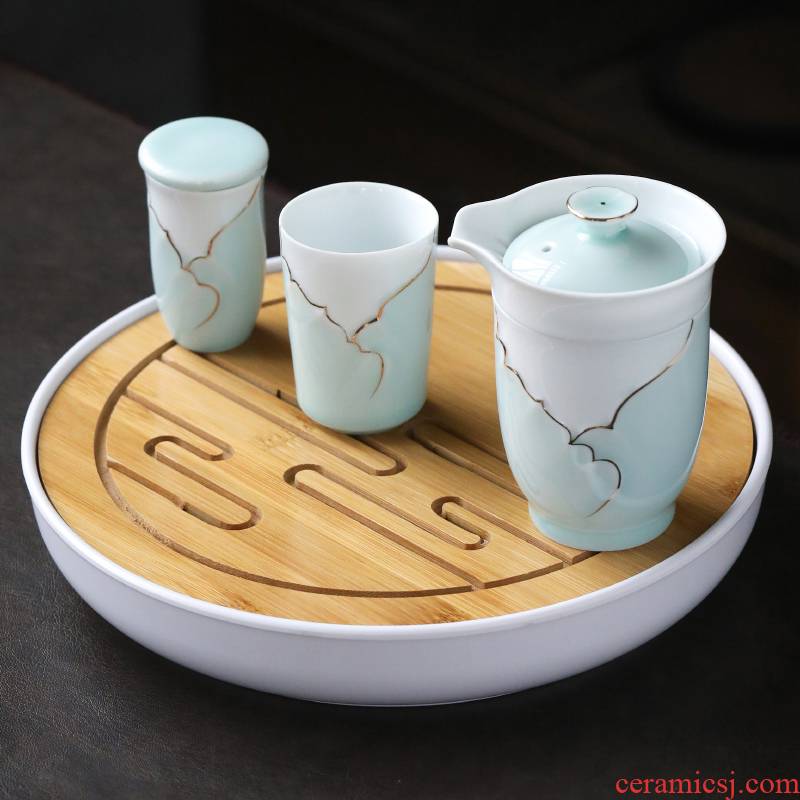 The Sioux ceramic travel kung fu tea set suits for have lotus series with round bamboo tea tray