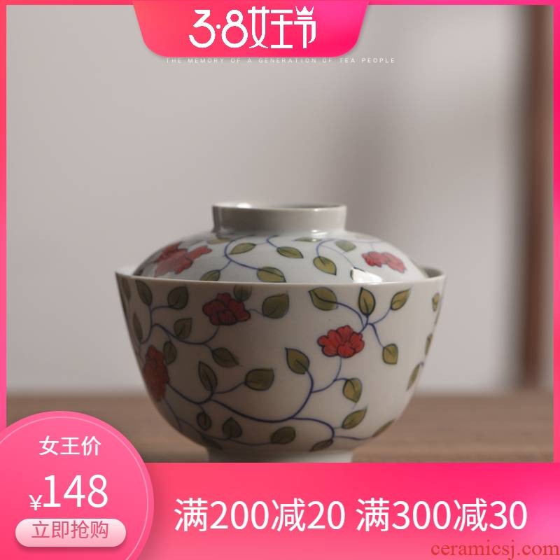 Jiangnan tureen large ceramic tea set hand - made bound past flowers tea bowl three to kung fu tea bowl is in use