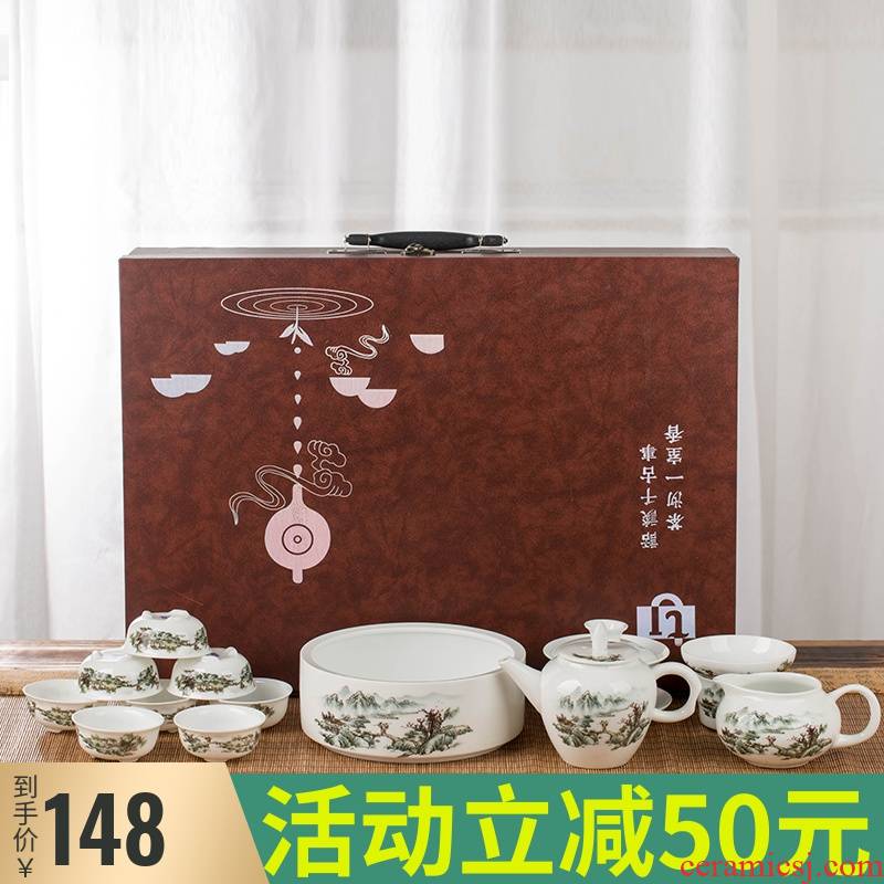 Jingdezhen ceramics kung fu tea set suit household contracted sitting room tea tray cups lid bowl of a complete set of gift box