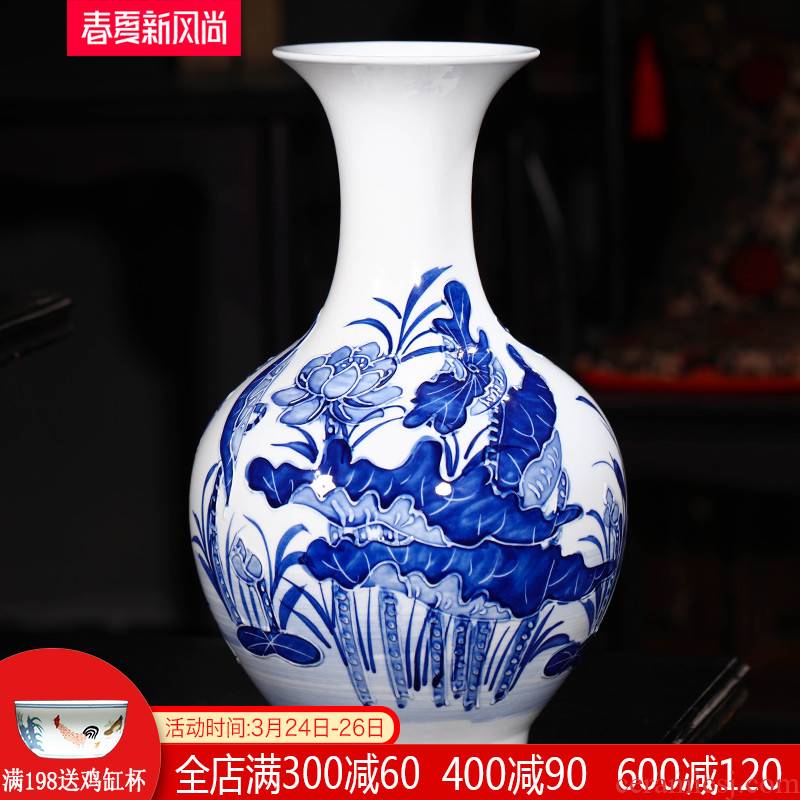 Jingdezhen ceramics hand - made embossed lotus flower vase of blue and white porcelain home decoration handicraft furnishing articles sitting room