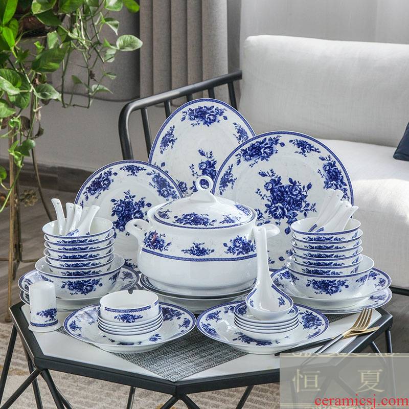 Porcelain tableware suit household jingdezhen blue and white Porcelain dishes suit Chinese wind ceramic dishes microwave oven