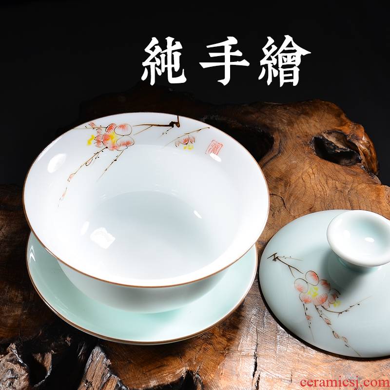 Wynn hui ceramic hand - made tureen only three single kung fu tea bowl to jingdezhen tea green white porcelain cups