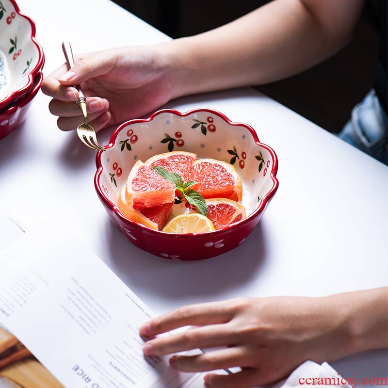 Ceramic bowl of red cherry small bowl.net breakfast eat salad bowl, lovely fruit bowl dessert bowl bowl of domestic children 's use