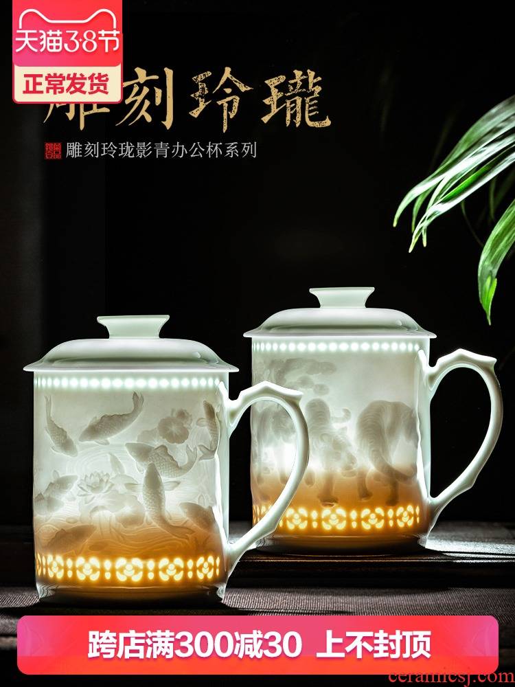 Jingdezhen ceramic hand - carved office cup with cover cup ultimately responds a cup of tea cup and meeting Chinese zodiac custom