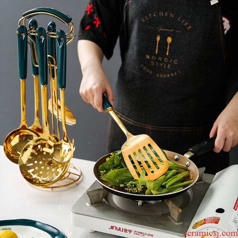 Malachite green ceramic stainless steel spatula long handle stir - fry shovels household thickening high - temperature frying shovel spoon, ladle