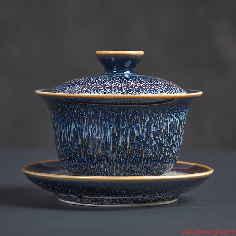 Laugh, jingdezhen obsidian blue drawing light tureen home inlaid with silver wire drawing star light tea is the tea bowl