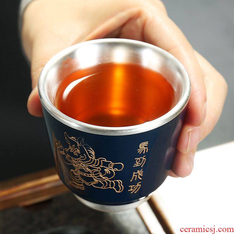 Ji blue glaze ceramic kung fu tea tea cup by hand paint coppering. As silver tea cups of tea bowl, master list