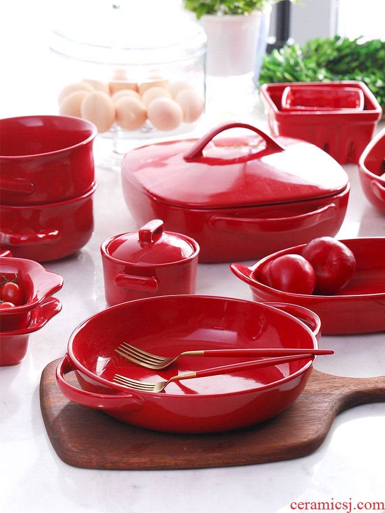 Both the WS ears pan household Nordic cheese baked FanPan creative ceramic baking bowl of red baking utensils