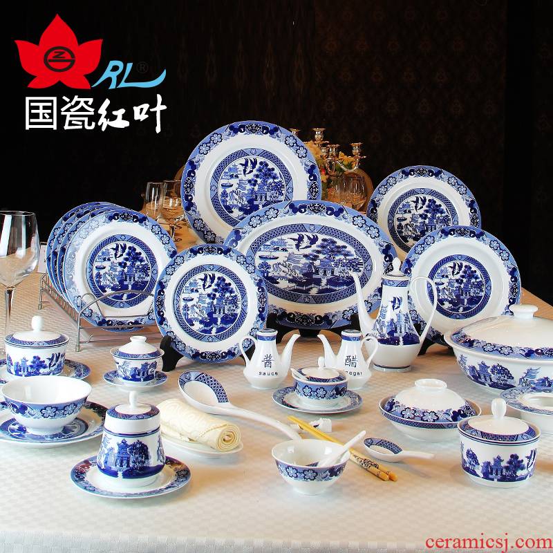 Jingdezhen red leaves shop treasure 228 head of ceramic tableware suit Chinese blue and white porcelain dishes classical gardens