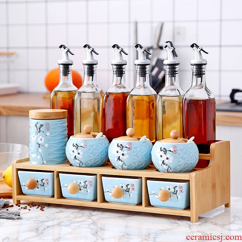 Ceramic condiment boxed set household spice rack oil salt pot sealing glass kitchen shelf
