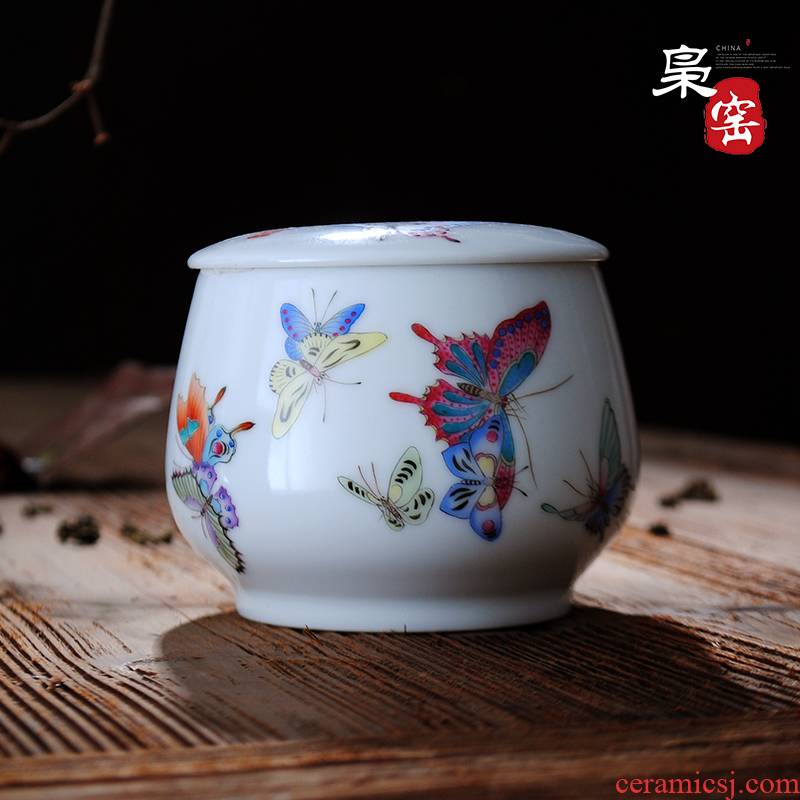 Jingdezhen ceramic small caddy fixings hand - made sealed tank storage tank enamel butterfly kung fu tea accessories
