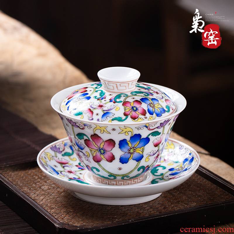 Jingdezhen ceramic checking tea tureen large cups colored enamel double pattern hand - made tea tea bowl