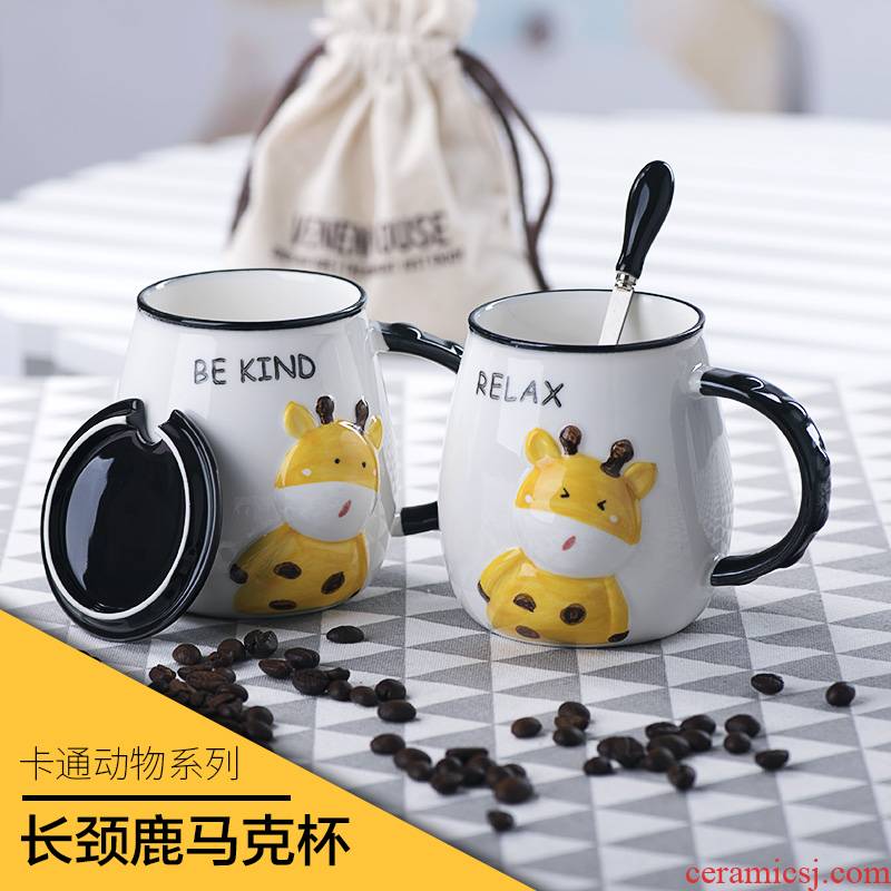 Express cartoon mark cup with cover spoon individuality creative trend high - capacity household glass ceramic cups of coffee cup