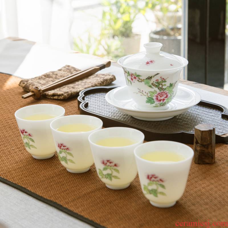 JingLan hand - made the add kung fu tea set suit white porcelain jingdezhen ceramics thin foetus tureen the set of a set of tea cups