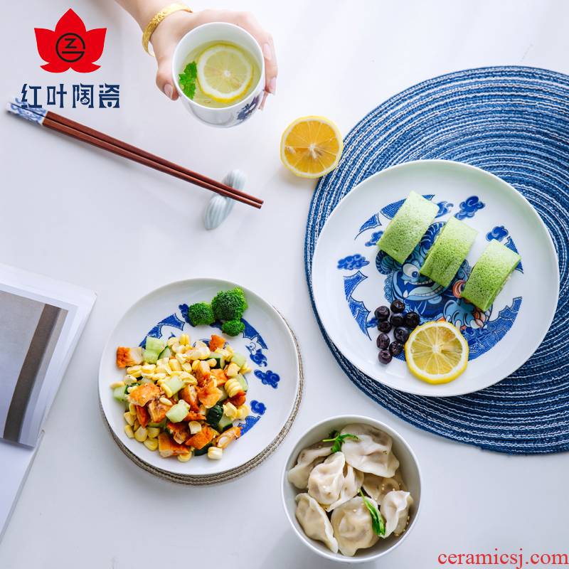 Red ceramic wen gen one box food tableware suit household dish dishes group of Chinese blue and white porcelain glaze