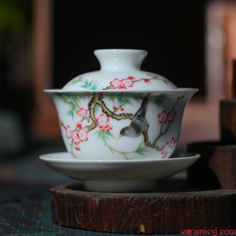 Jingdezhen porcelain tea tureen bowl three only three to use of hand - made glass ceramic famille rose tea cups pure manual