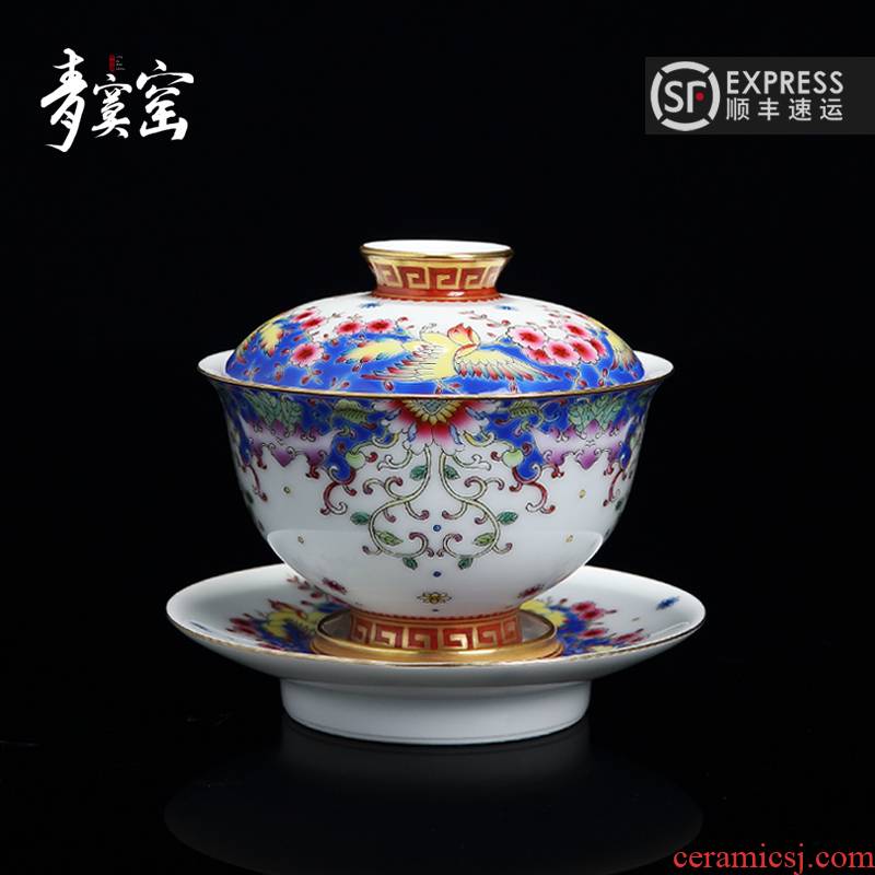 Jingdezhen up green was hand - made colored enamel tureen large retro three ceramic heavy industry use of kung fu tea bowl