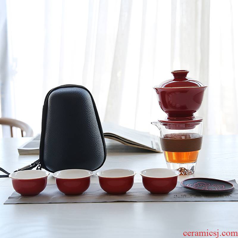 Travel tea set ji blue ceramic semi - automatic lazy is suing Travel portable crack a pot of four cups of tea