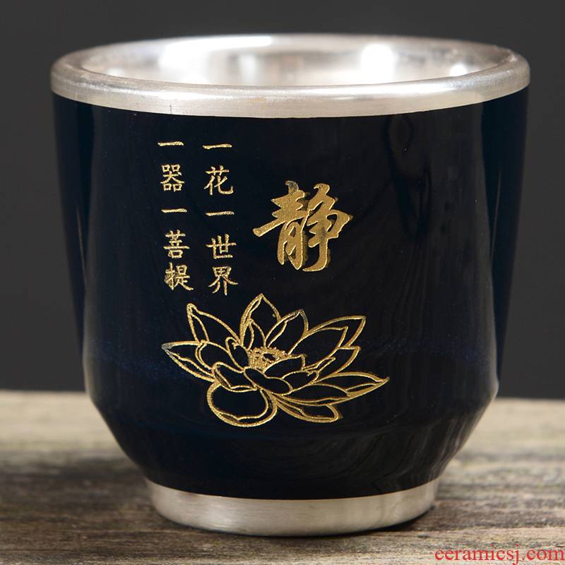 Silver cup individual cup of heart sutra cup the great mercy mantra tank 999 sterling Silver mine loader Silver buddhist ji blue ceramic masters cup