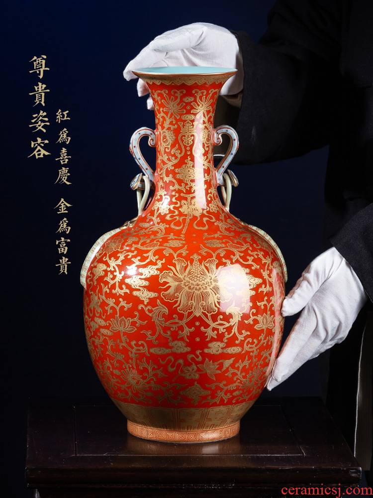 Jia lage jingdezhen ceramic vase YangShiQi hand - made alum red paint in a branch grain satisfied double ears