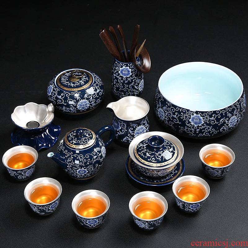 Tasted silver gilding blue - and - white kung fu tea set ceramic teapot teacup home office tea tea gift box package