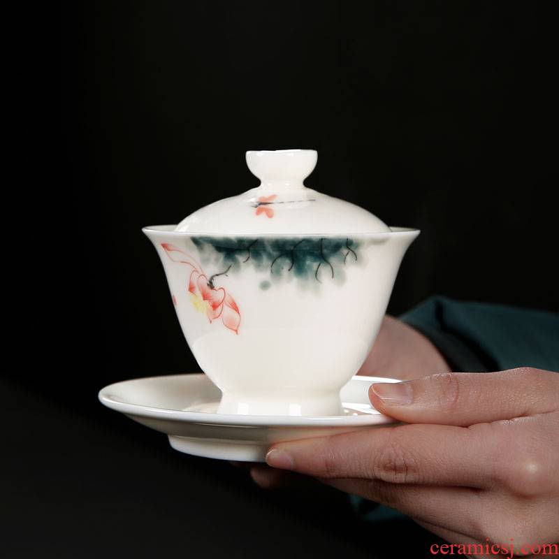 Dehua white porcelain tureen tea cups with suet white jade tea tea cup large hand draw three tureen