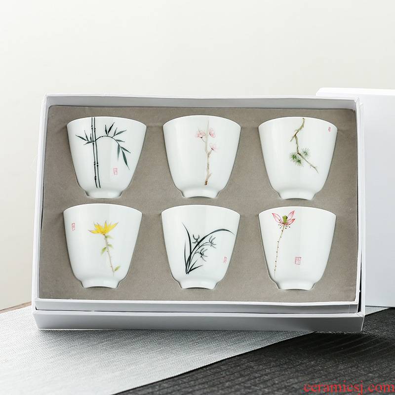 Jun ware elegant hand - made kung fu tea set small sample tea cup by patterns white porcelain cup six whole containing substance