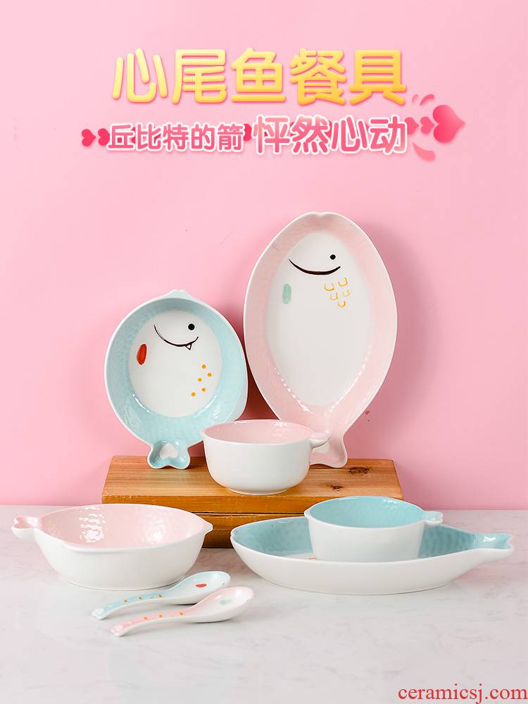 Lovely girl heart ceramic bowl plate of a single human consumption sweethearts bowl a tableware suit household creative move