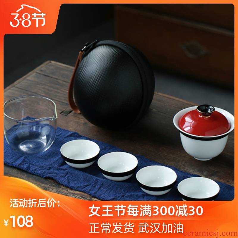 Ya xin company hall to crack a pot of hot ceramic prevention three glass portable travel kung fu tea set contracted