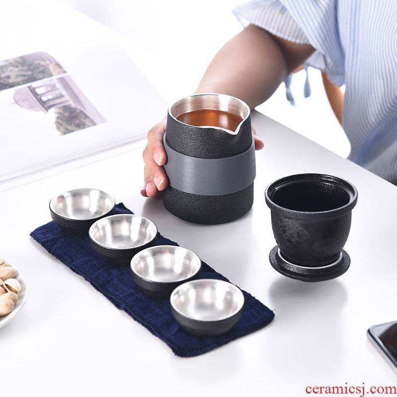 Black pottery tasted silver gilding crack cup a pot of simple is suing travel four cups of tea set suit portable package ceramic kung fu tea cups