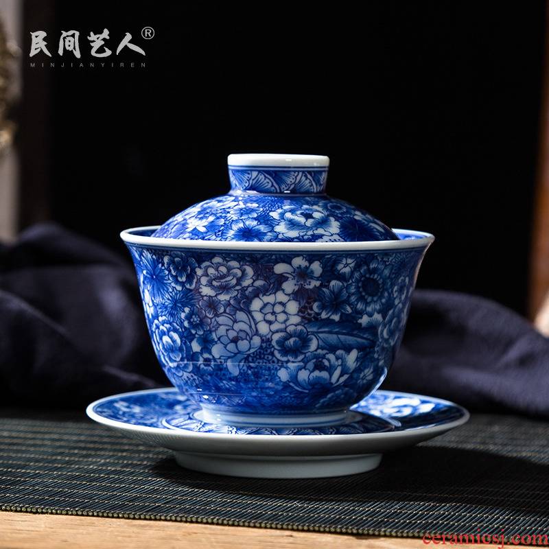 Pure manual hand - made flower tureen of jingdezhen blue and white only three bowl of large ceramic kung fu tea set to tea cups