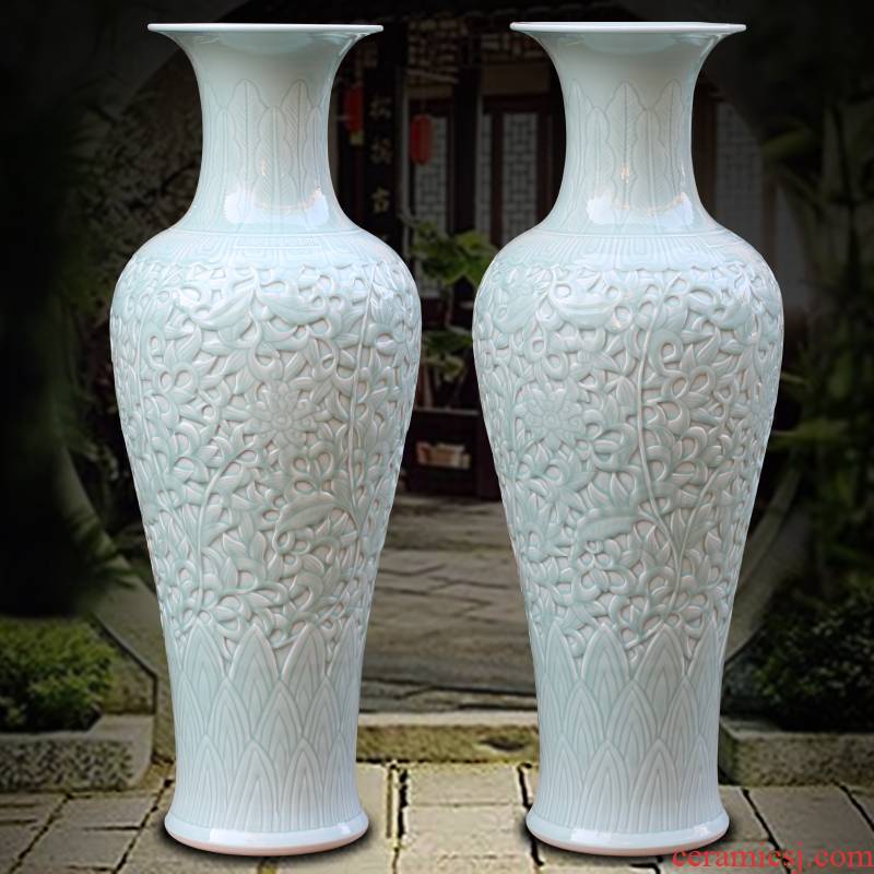 Jingdezhen single glaze hand - carved bound lotus flower ceramic vase of large household living room a study Chinese furnishing articles