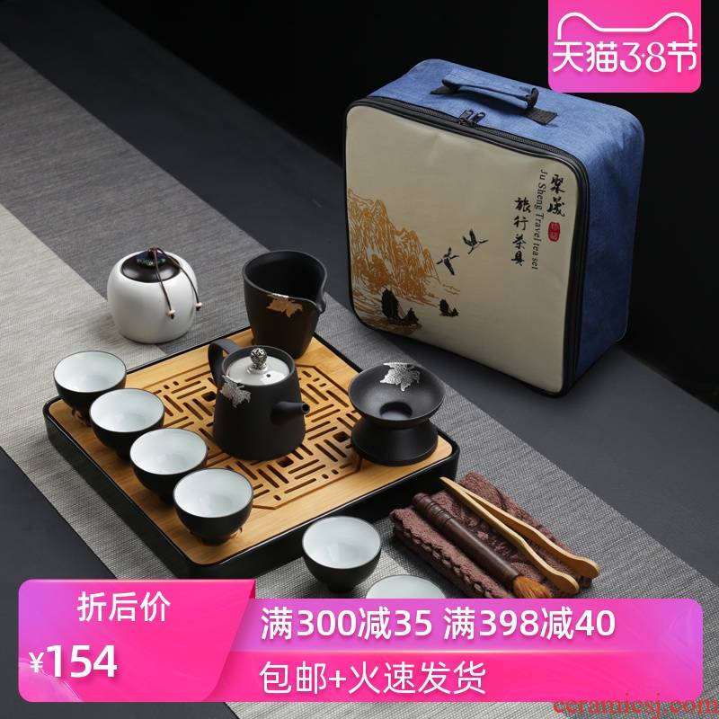 Poly real (sheng Japanese black pottery portable package travel tea set kung fu tea set household contracted crack cup teapot teacup