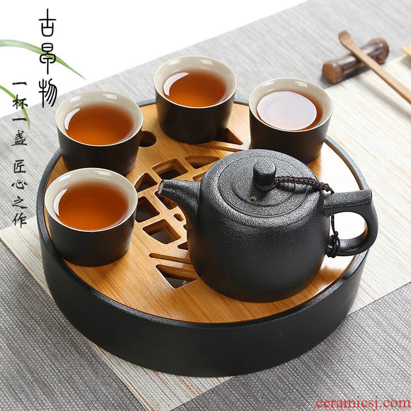 Black pottery portable travel kung fu tea set suit Black glaze porcelain office the whole Taiwan zen tea tea tray