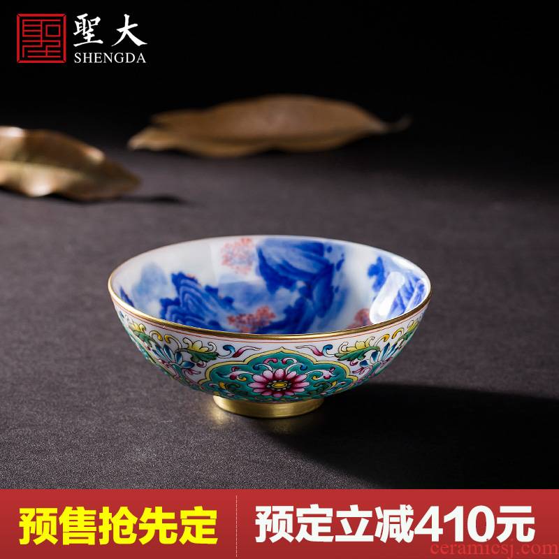 Holy big ceramic kung fu tea tea colored enamel ruyi flower grain blue and white landscape, jingdezhen tea masters cup