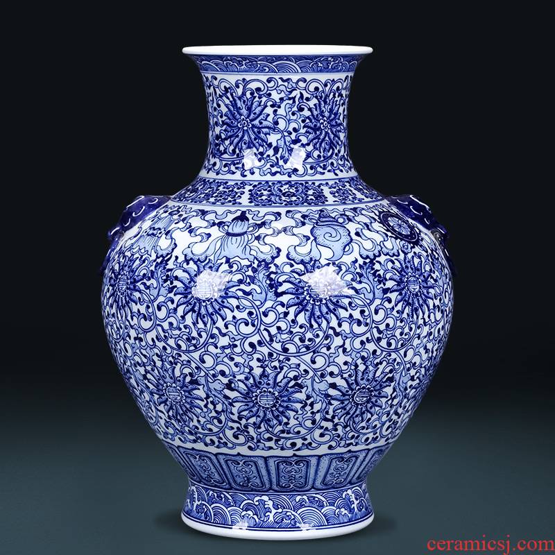 Imitation of qianlong hand - made antique blue and white porcelain of jingdezhen ceramics ears large vases, flower arranging new Chinese style living room furnishing articles