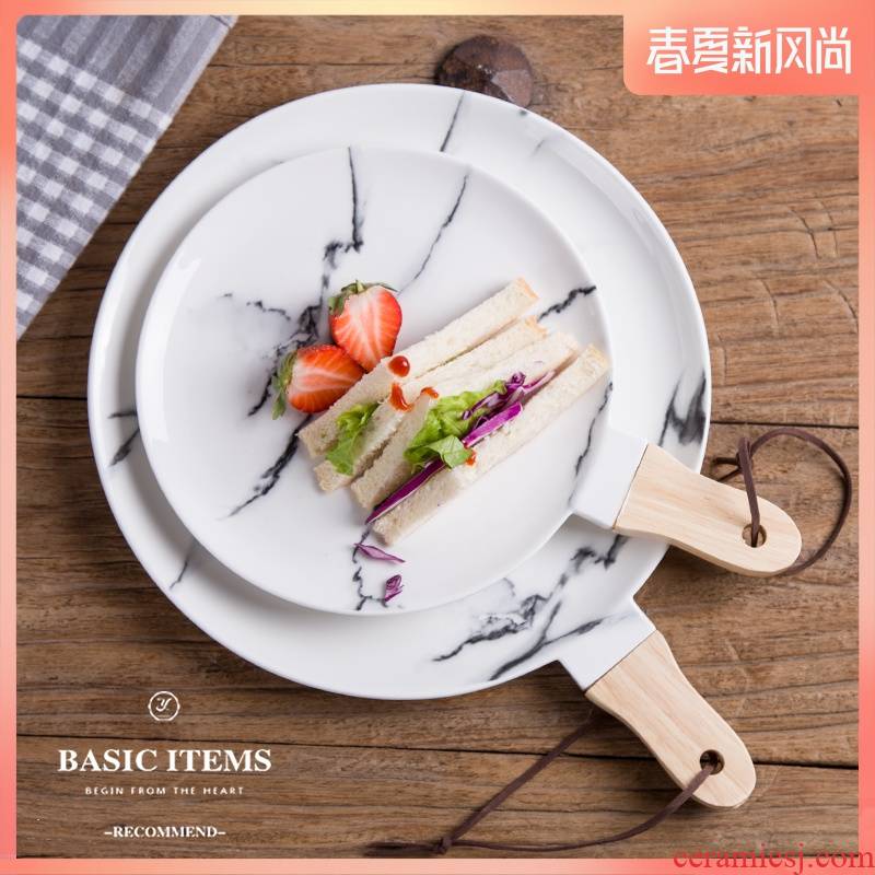 Japanese creative marble grain ceramic tableware steak disc western pasta dish plate dribbling handle household for breakfast