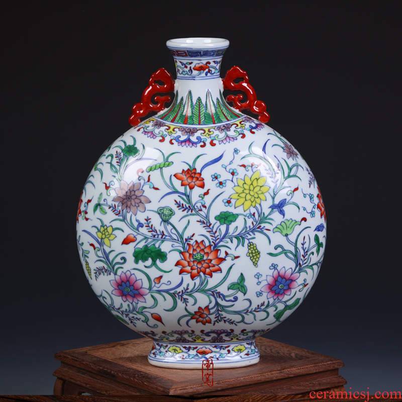 Jingdezhen porcelain factory goods cultural revolution hand - made porcelain dou colors lotus flower grain ears flat bottle vase home furnishing articles
