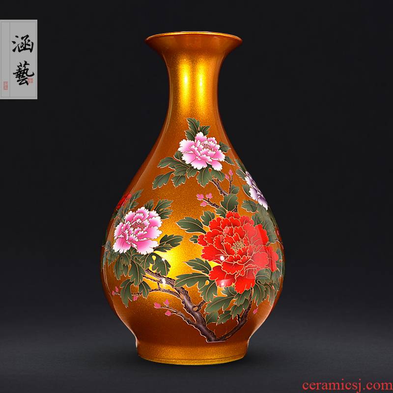 Jingdezhen ceramics glaze crystal golden blooming flowers peony vases, Chinese style household handicraft furnishing articles sitting room
