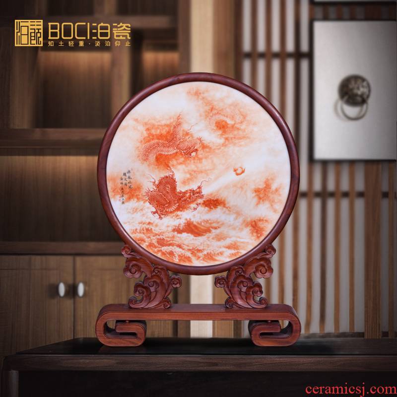 Jingdezhen ceramic hand - made auspicious dragon decoration mesa place the study solid wood frame to collect porcelain plate paintings of Chinese style household