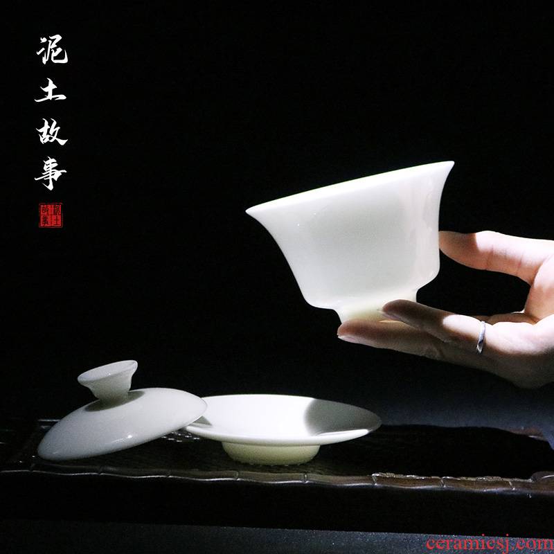 Soil dehua manual three story tureen tea cups of jade white porcelain ceramic kung fu tea bowl