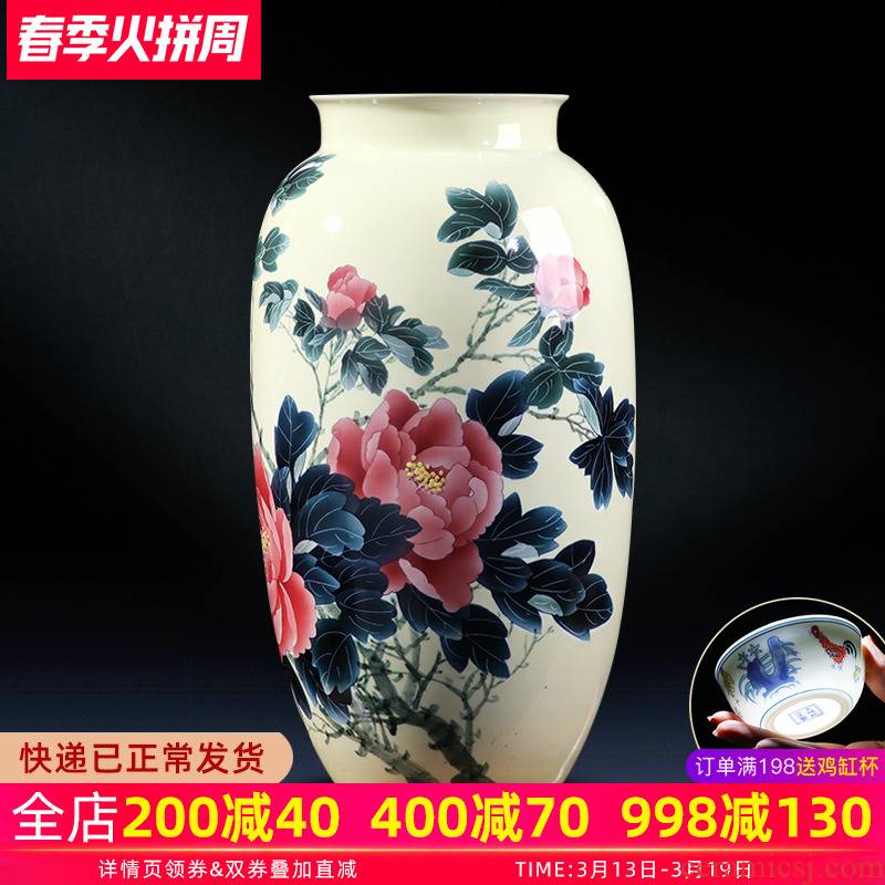 Jingdezhen ceramics big vase hand - made checking flower arranging Chinese style household living room TV cabinet decoration place adorn article
