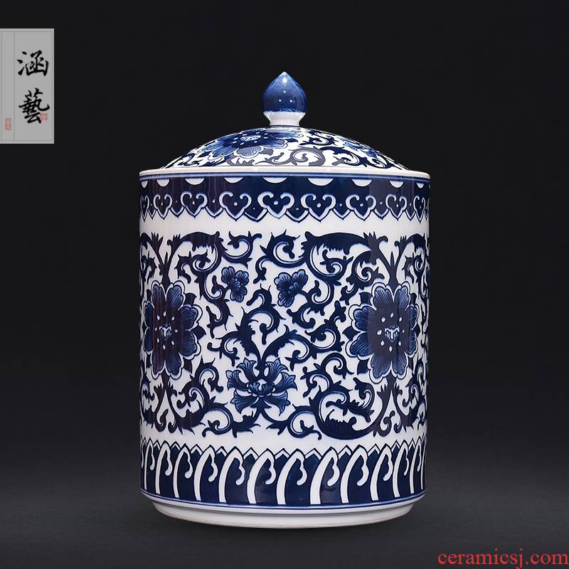 Jingdezhen ceramic hand - made archaize storage jar of pu 'er tea pot of blue and white porcelain vase furnishing articles flower arranging Chinese style living room
