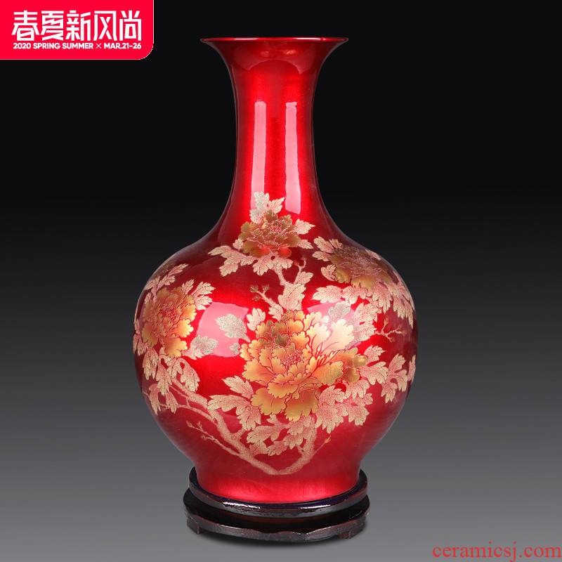 Crystal glazed pottery jingdezhen porcelain vase landing place, Chinese red flower arranging the sitting room of Chinese style wedding decoration
